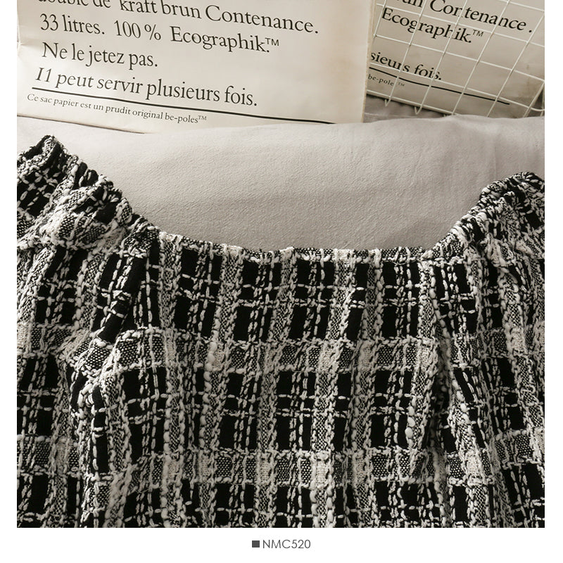 Short open navel bubble long sleeve top Plaid high waist skirt  2518