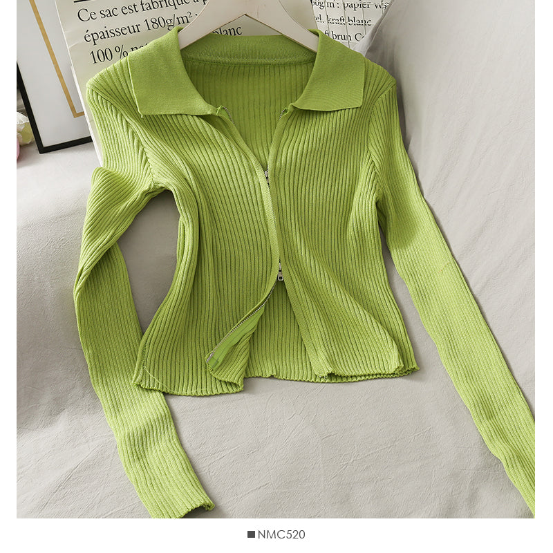 Personalized double zipper tight vertical stripe long sleeve knit  1777