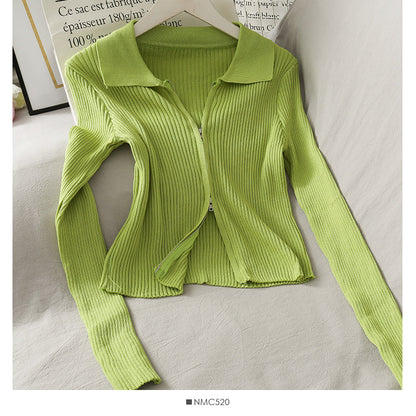 Personalized double zipper tight vertical stripe long sleeve knit  1777