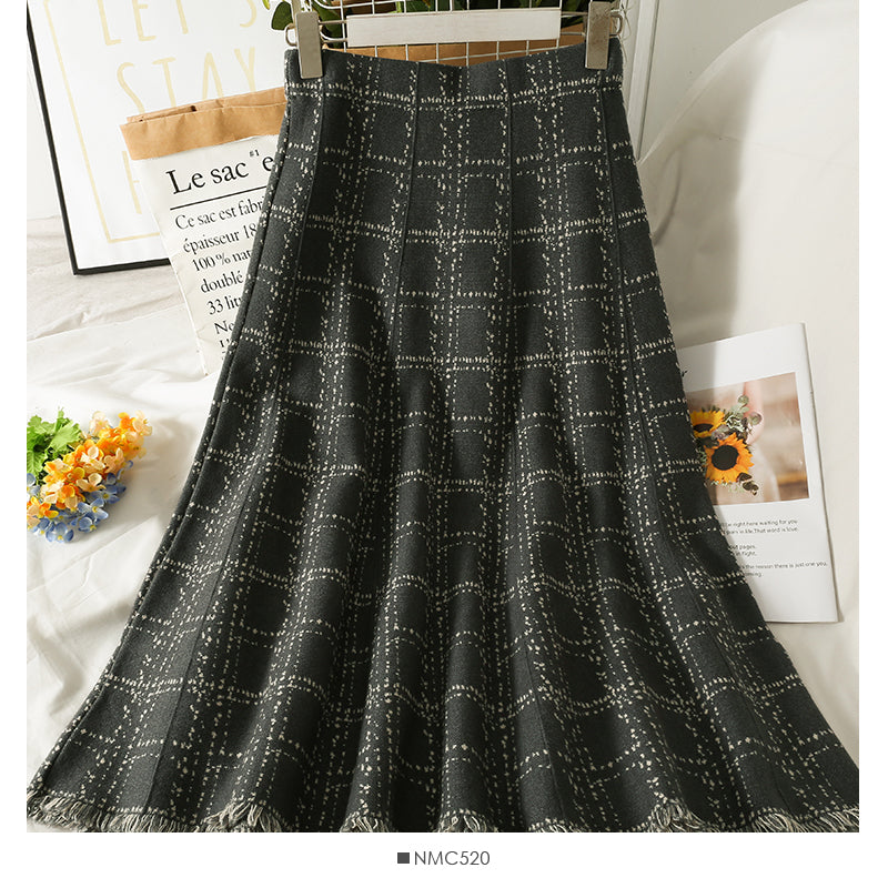Slim Plaid medium length skirt with tassel Knit Skirt  2586