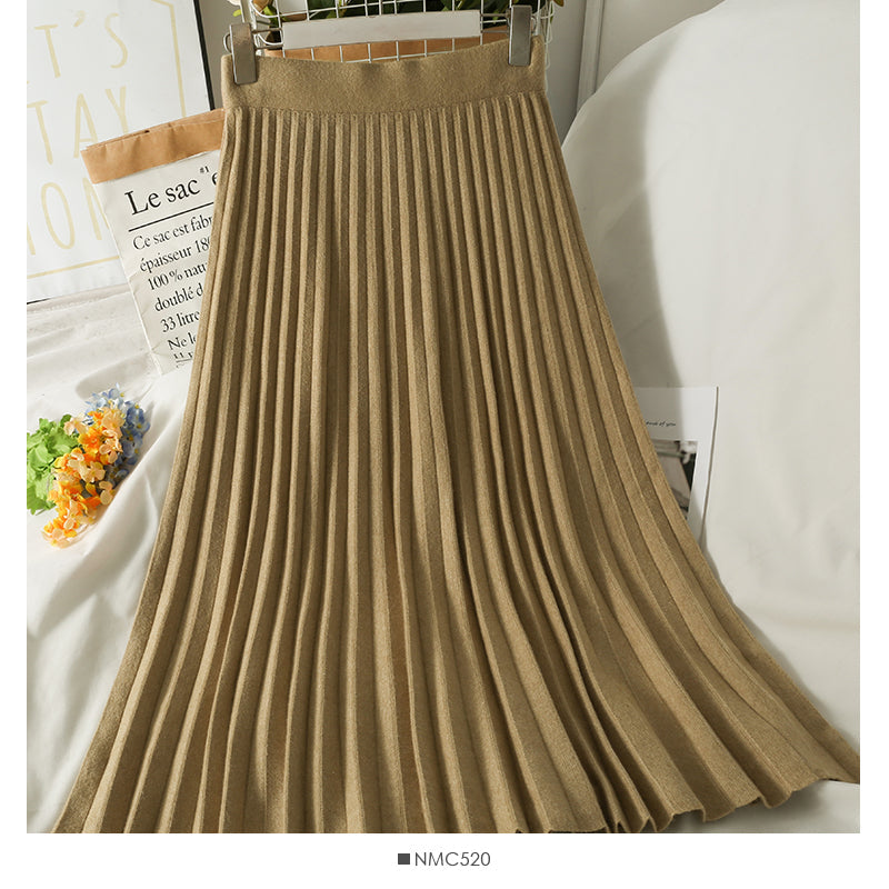 Knitted pleated skirt high waist solid color skirt  2572