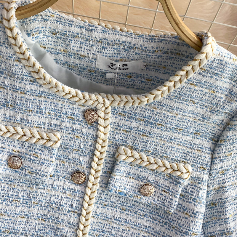 Temperament small fragrance bright silk woven single breasted long sleeved coat  1634