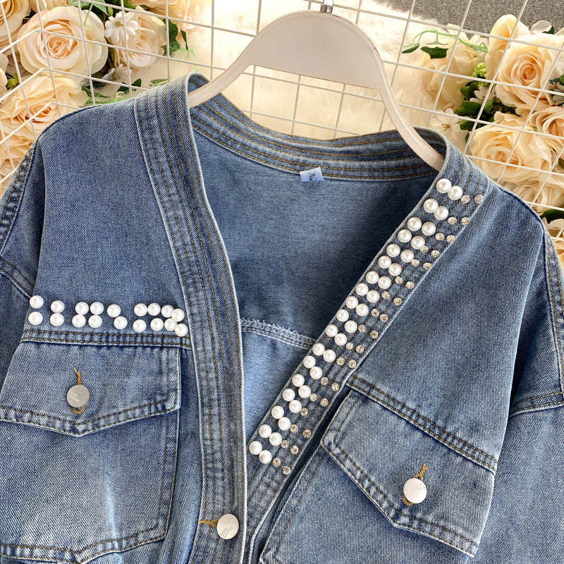 Denim Jacket Women's design sense heavy industry nail bead V-neck slim fit  1489