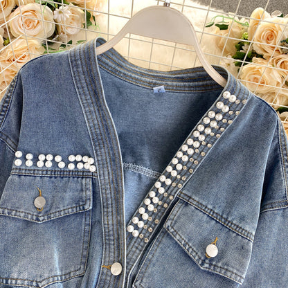 Denim Jacket Women's design sense heavy industry nail bead V-neck slim fit  1489