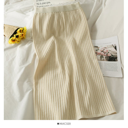 Hong Kong style retro vertical stripe elastic waist thin split one-step skirt  2519