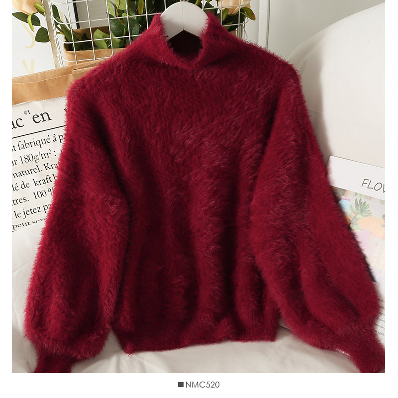 Sweater female Plush high neck slim fit solid color versatile long sleeve top  1764