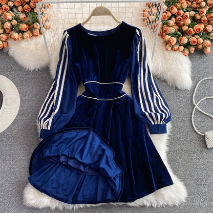Quality waist stripe long sleeve fake two piece velvet dress  3229
