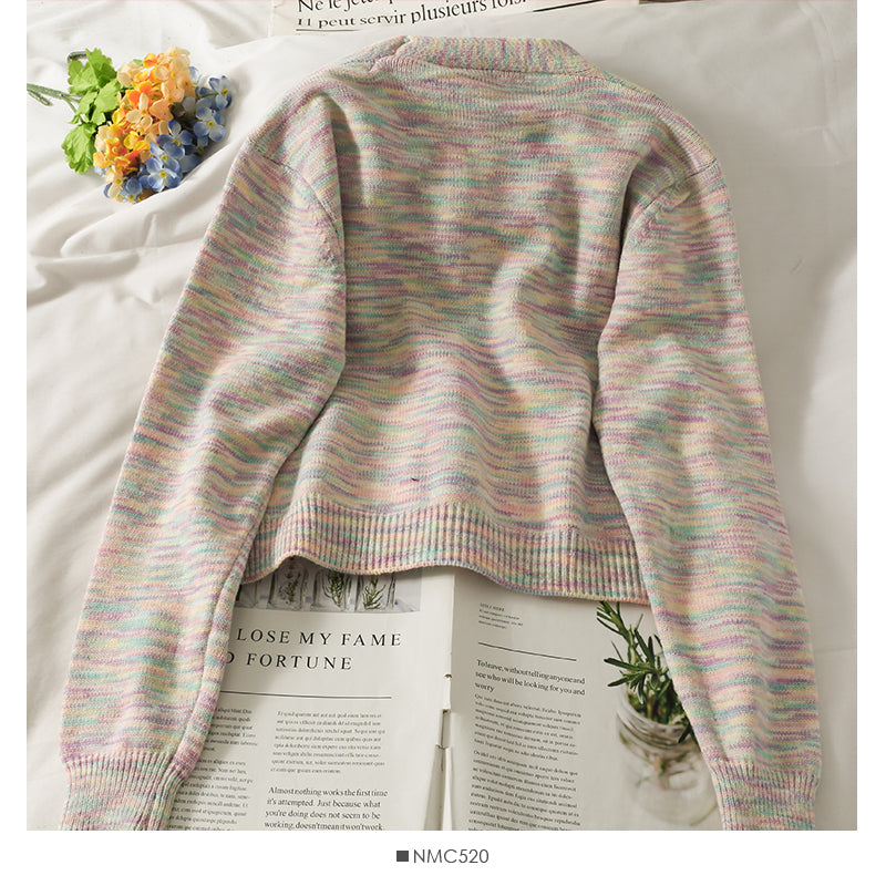 Elegant color striped square neck short slim sweater for women  1870