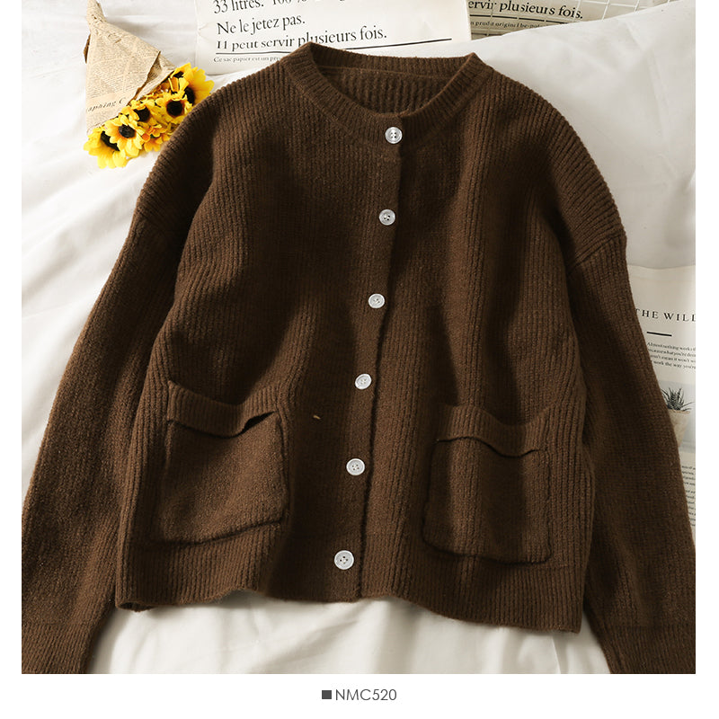 Large pocket round neck long sleeve cardigan sweater loose and thin breasted sweater  1978