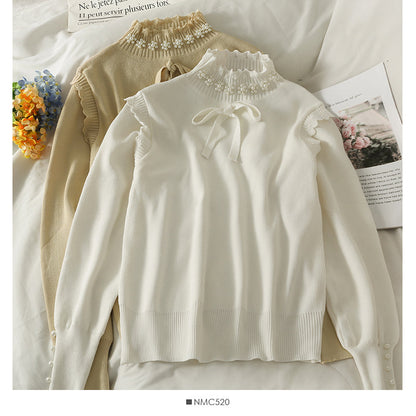 Sweet wind nail bead bow tie high neck Pullover Top  1822