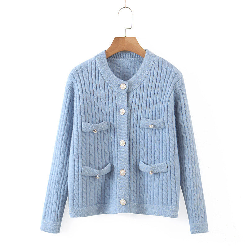 Pearl button cardigan sweater for women's dress with small fragrance and twist design  1350