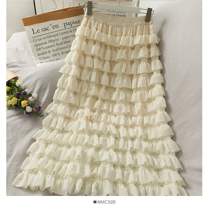 Ruffle edge super fairy medium long high waist cake skirt  2483