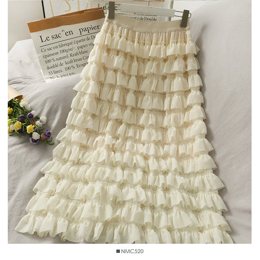 Ruffle edge super fairy medium long high waist cake skirt  2483