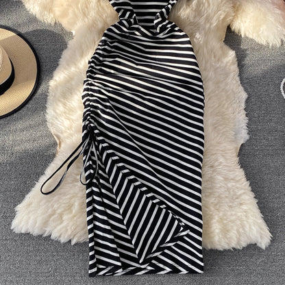 Slim fit waist closing casual side drawcord knee slit stripe dress  1686