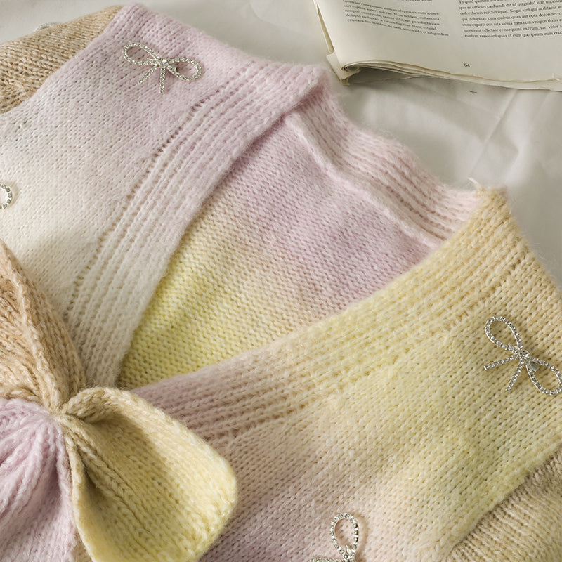 Sweet wind gradient color matching bow contrast short sweater  1783