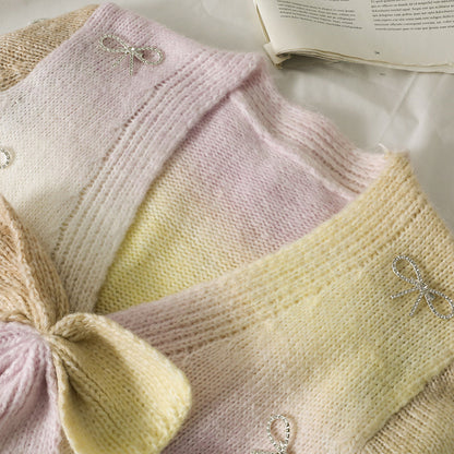 Sweet wind gradient color matching bow contrast short sweater  1783