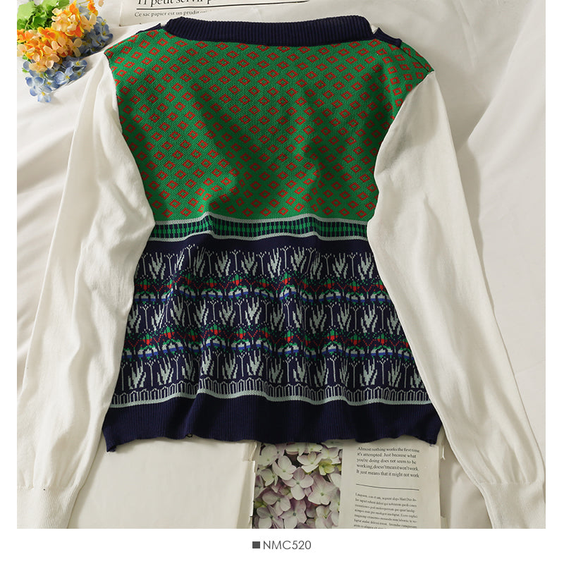 Vintage contrast stitched Plaid fake two-piece blouse  1952