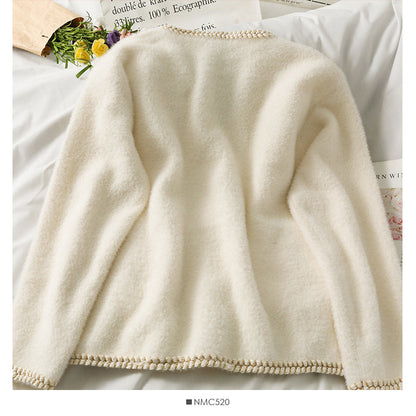 Bright silk bonded single breasted V-Neck long sleeve sweater coat  1699