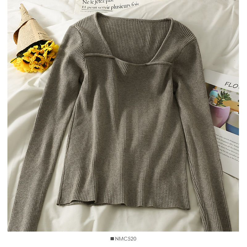 Solid color versatile low collar collarbone exposed long sleeve bottomed top  1813