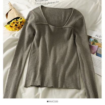 Solid color versatile low collar collarbone exposed long sleeve bottomed top  1813