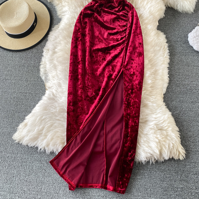 Banquet wine red evening dress velvet suspender split dress  3309