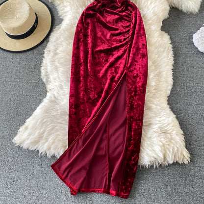 Banquet wine red evening dress velvet suspender split dress  3309