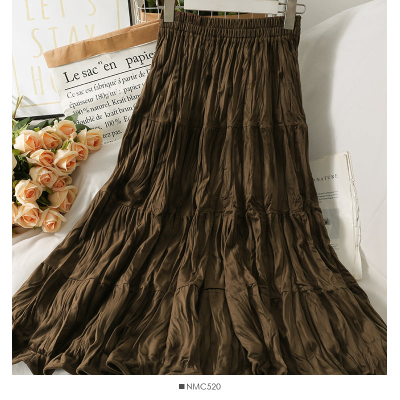 Pleated stitched A-line skirt women's new solid medium length skirt  2506