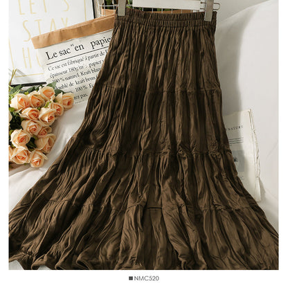 Pleated stitched A-line skirt women's new solid medium length skirt  2506