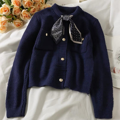 Vintage, bow-tied single-breasted loose knit, long-sleeved cardigan top  1448