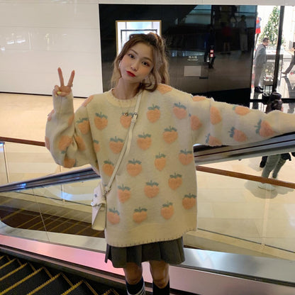 New, loose, sweet, girl strawberry pullover, lazy, vintage, heavy knitted sweater  1438