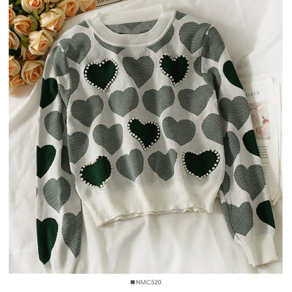 Sweet wind nail pearl heart print sweater for women  1839