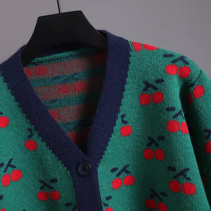 V-neck short knit jacket, cherry jacquard cardigan  1405