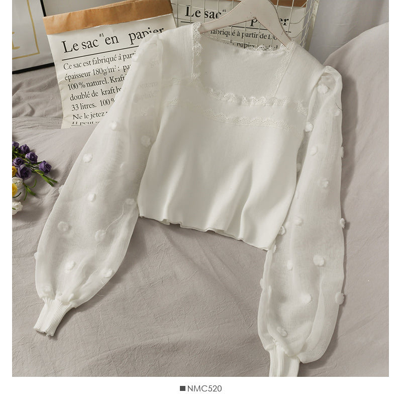 Small short square neck open collarbone wavy edge sweater  1936