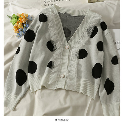 Mesh stitched large wave point low neck two button sweater female  1905