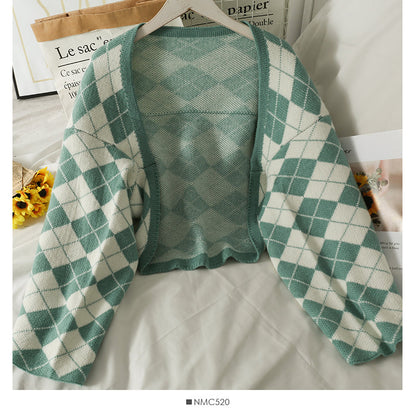 Diamond check short irregular long sleeved women  1697