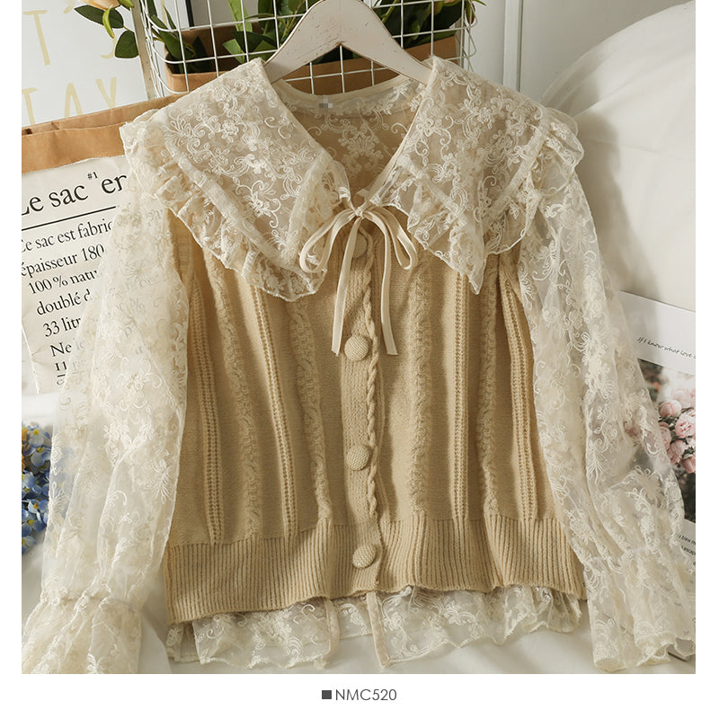 Lace bottomed shirt with vertical stripe knit vest  1714