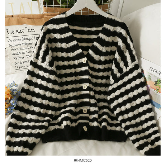 Sweater women's striped single breasted cardigan long sleeved sweater  1982
