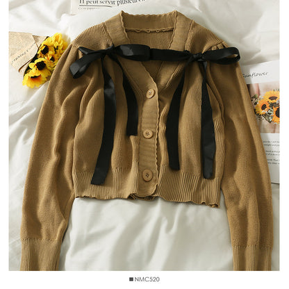 Korean bow tie short single breasted sweater for women  1945