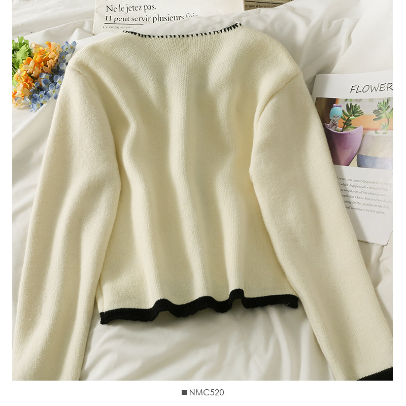 Sweater women's bag side single breasted cardigan top color matching slim fit bottomed sweater  1983