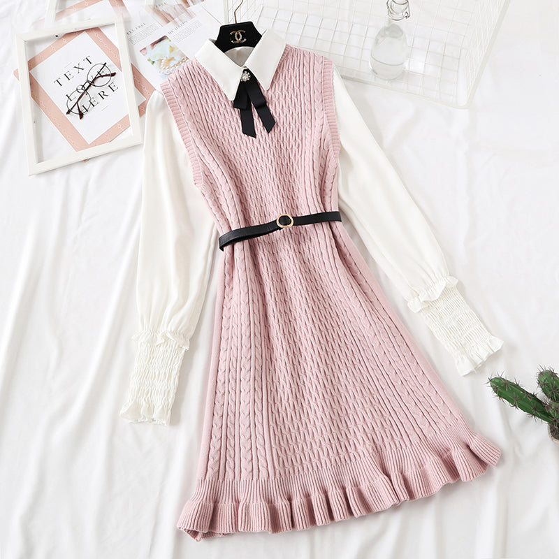Knitted vest dress children's shirt fashion vest skirt sweater skirt two piece set  2350