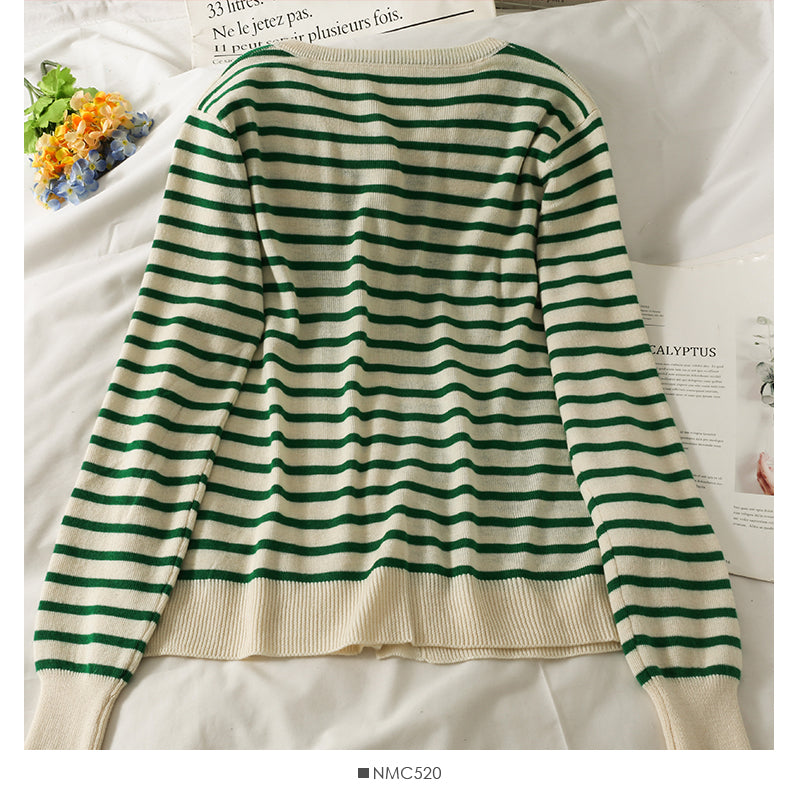 Striped single breasted loose thin sweater  1914