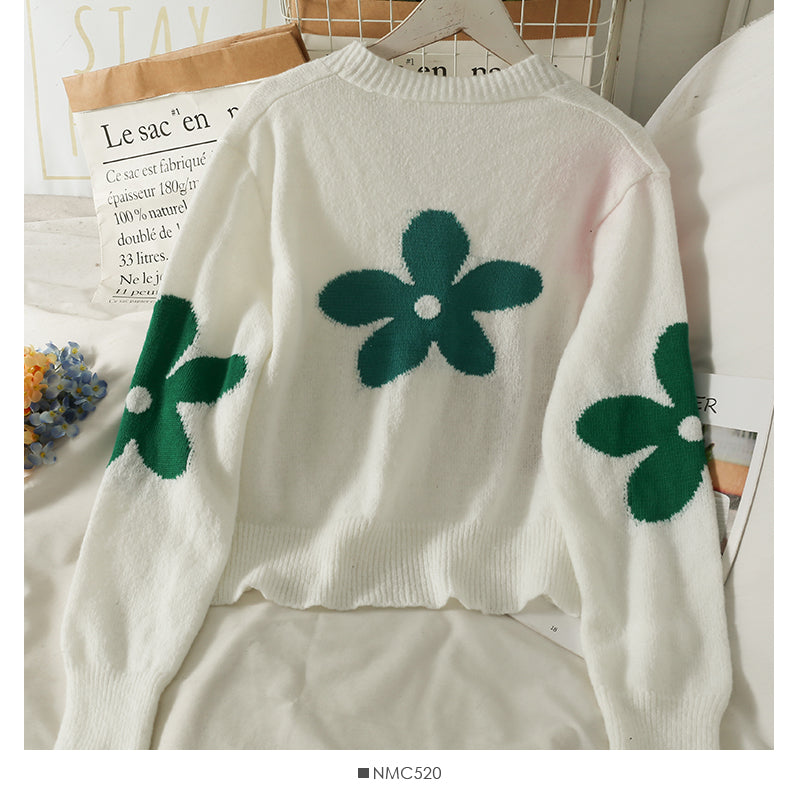 Slim low neck single breasted printed sweater women's new long sleeve versatile cardigan sweater  2082