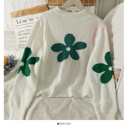 Slim low neck single breasted printed sweater women's new long sleeve versatile cardigan sweater  2082