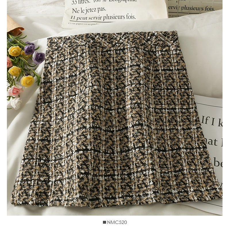 Korean high waist slim single breasted Plaid A-shaped short skirt for women  2556