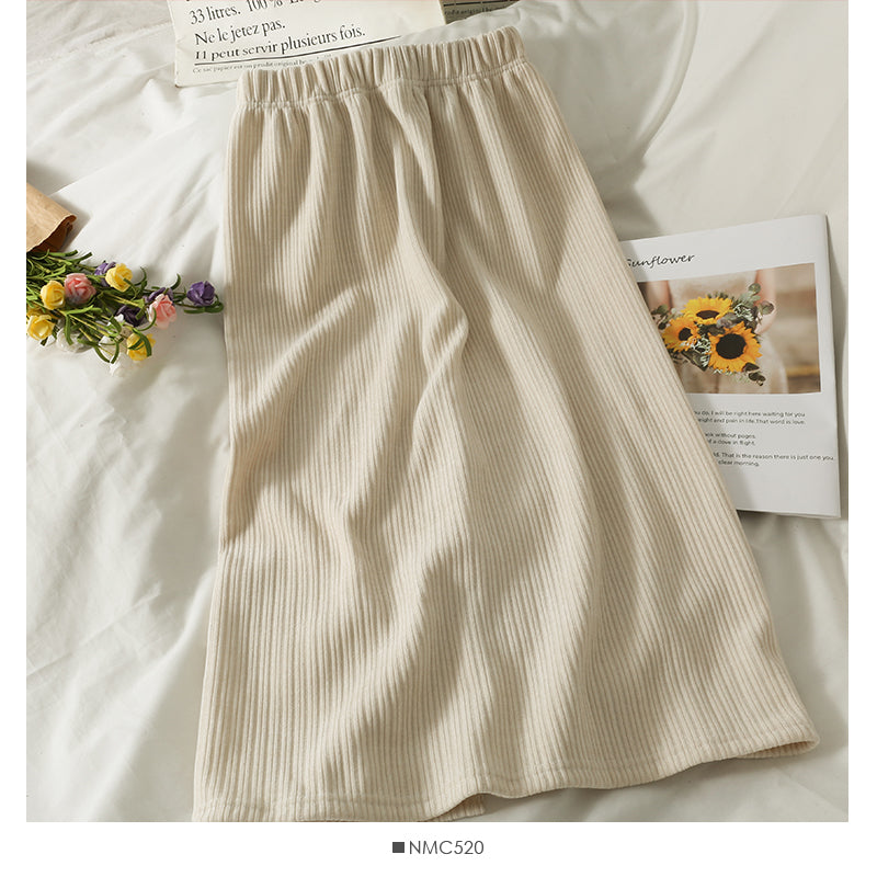 Hong Kong style retro vertical stripe elastic waist medium length skirt  2494