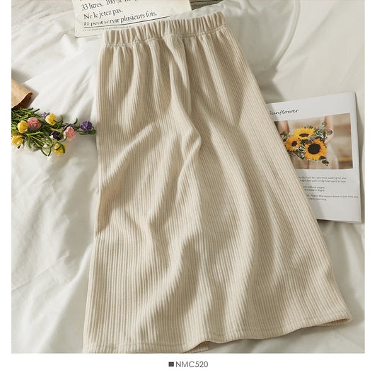 Hong Kong style retro vertical stripe elastic waist medium length skirt  2494