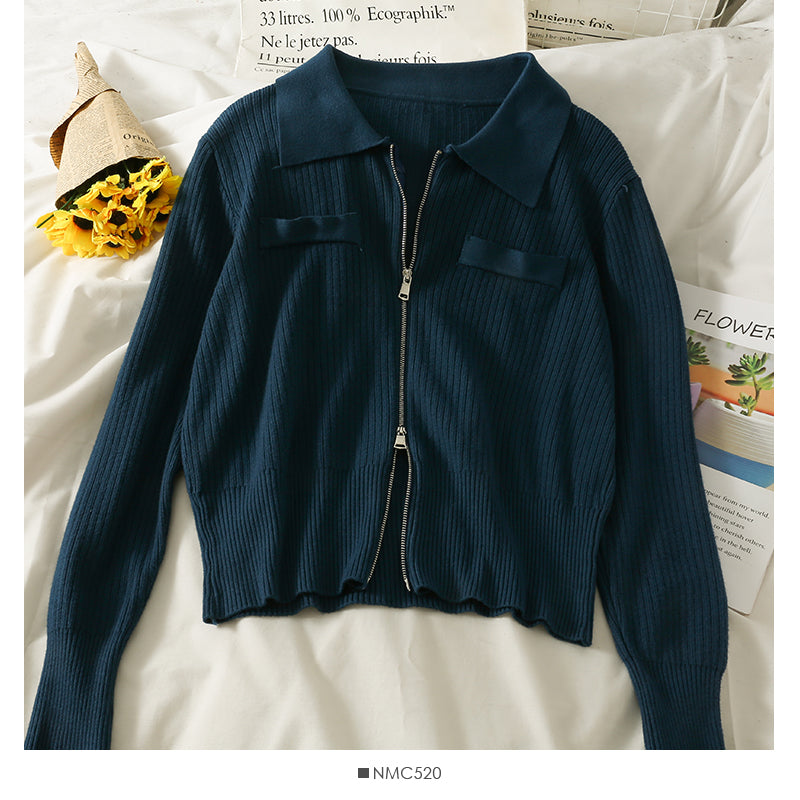 Lapel Zip Cardigan long sleeve vertical stripe top  1830