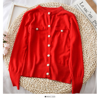 Round neck single row pearl button cardigan sweater coat  1865
