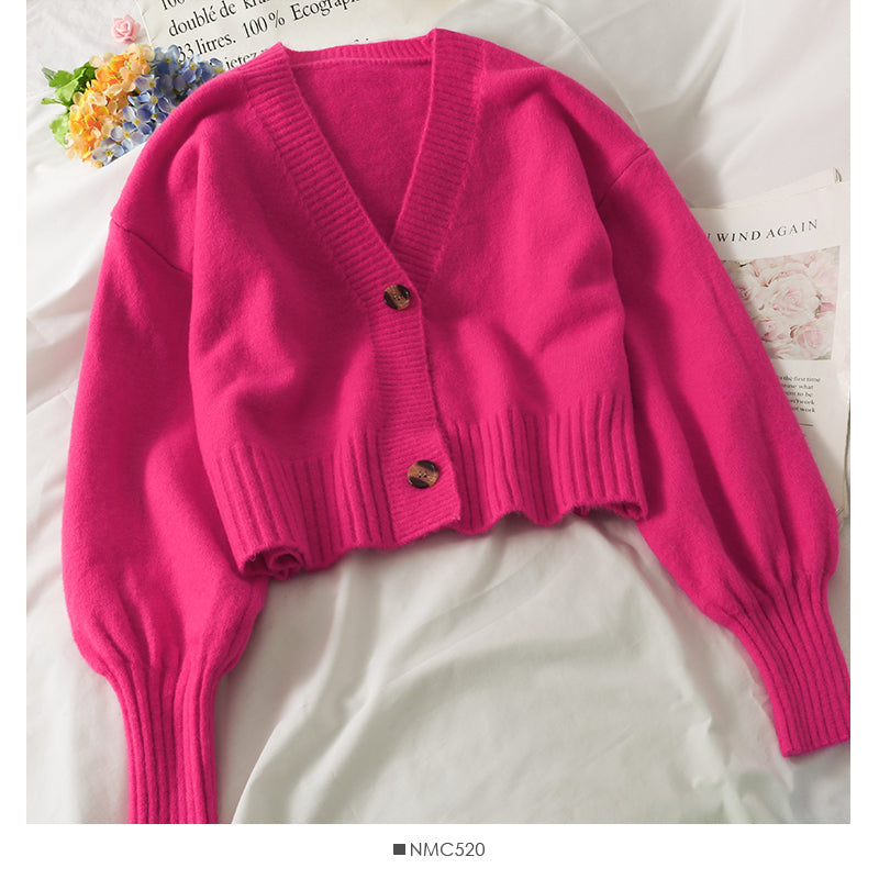 Sweater female small short two button long sleeve sweater  1880