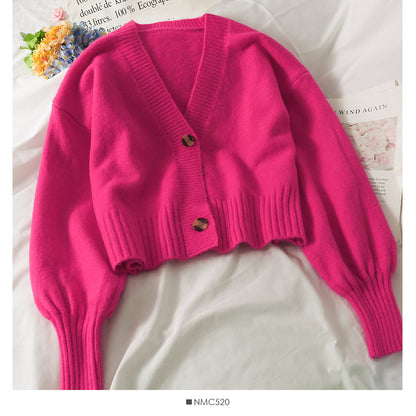 Sweater female small short two button long sleeve sweater  1880